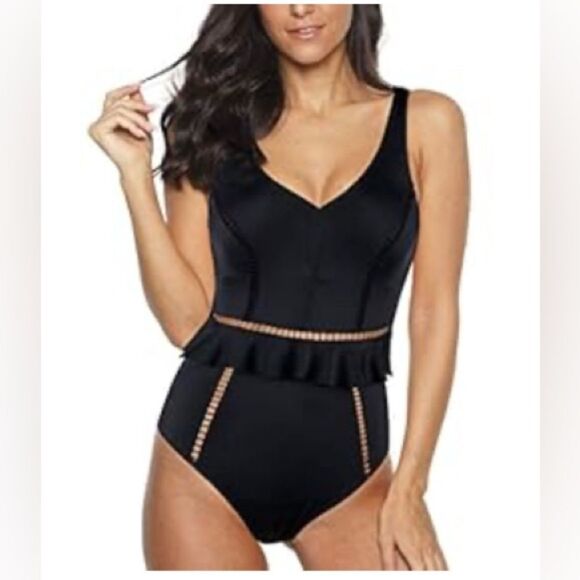 Black one piece swimsuit solid cutouts size 10 adjustable straps v neck - Picture 1 of 5